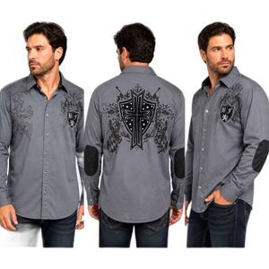 Bare Fox Men’s 3XL Gray Western Snap Shirt Cross Studded Biker Graphic